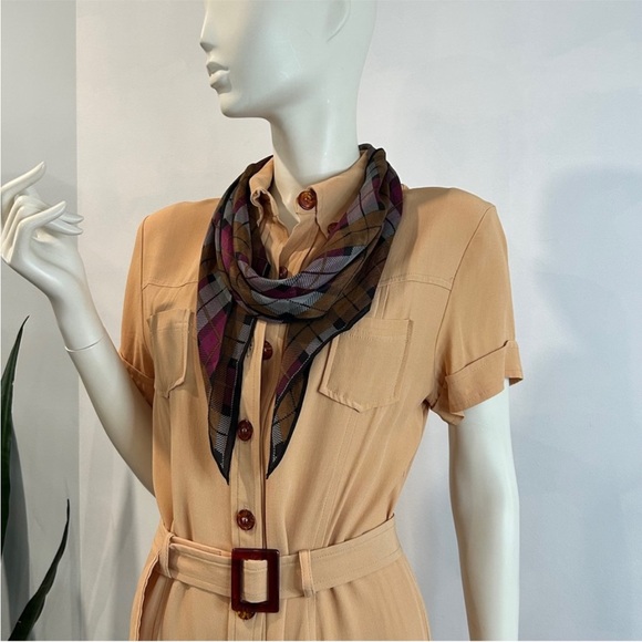 Vintage Crepe Safari Style Shirt Dress + Bonus Vintage Silk Scarf - Picture 12 of 15